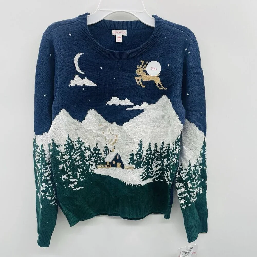 Holiday‎ Lane Big Girls Large Snowy Landscape Crewneck Sweater in Blue $40 115